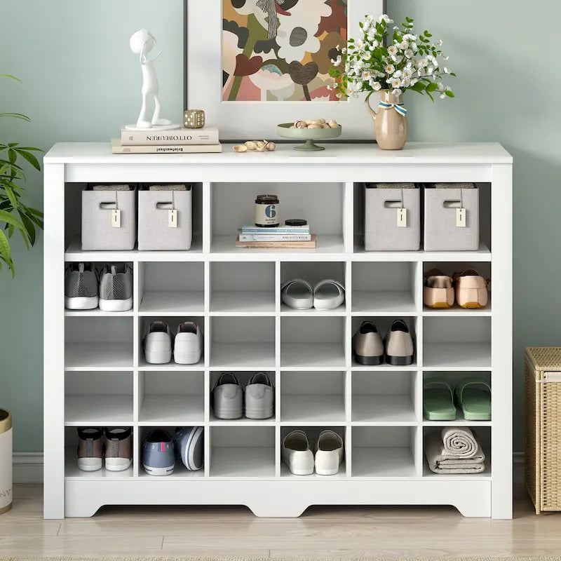 24-Cubby Shoe Storage Cabinet with Open Cubbies White Black Brown