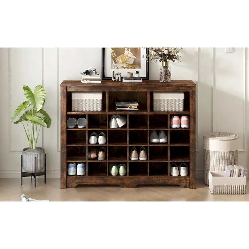 24-Cubby Shoe Storage Cabinet with Open Cubbies White Black Brown