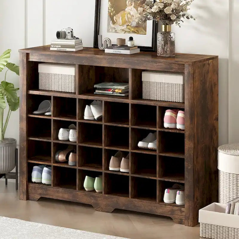 24-Cubby Shoe Storage Cabinet with Open Cubbies White Black Brown