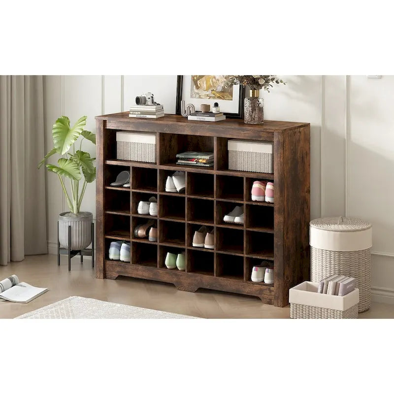 24-Cubby Shoe Storage Cabinet with Open Cubbies White Black Brown