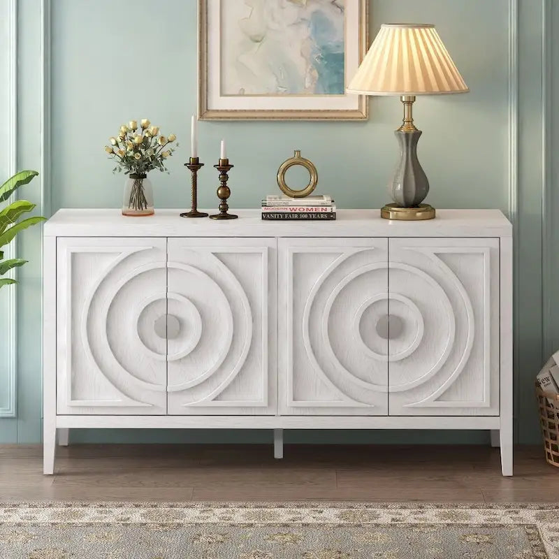 4-Door Retro Storage Sideboard Buffet Cabinet with Circular Groove Doors