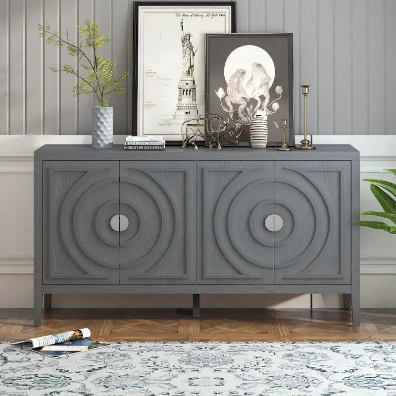 4-Door Retro Storage Sideboard Buffet Cabinet with Circular Groove Doors