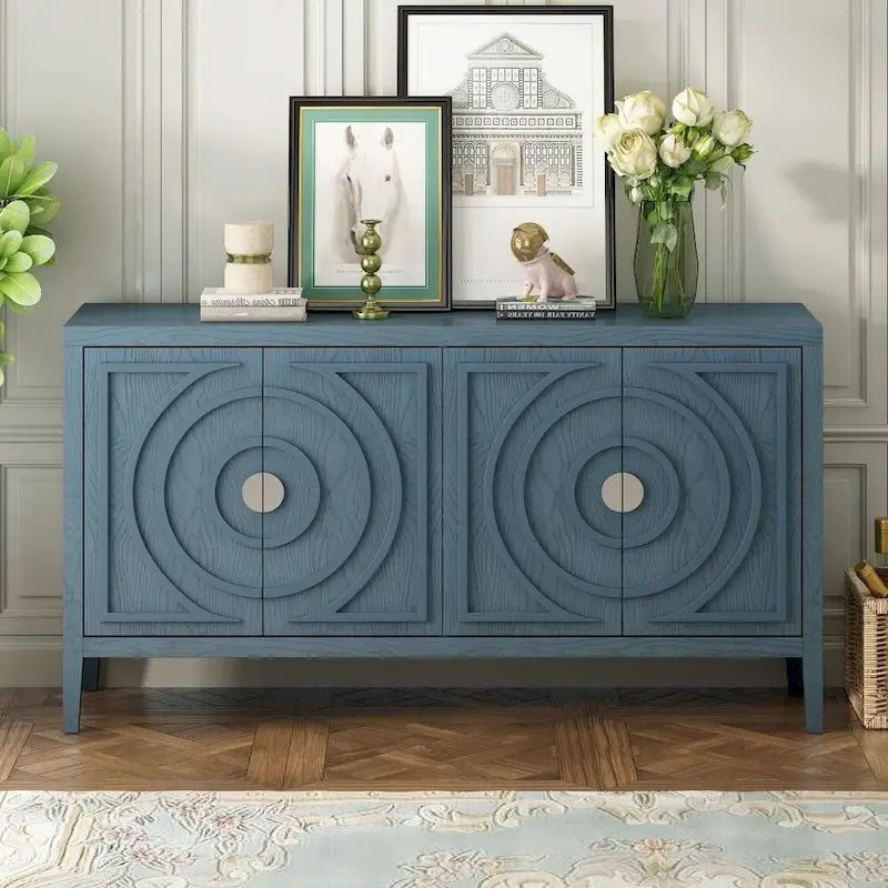 4-Door Retro Storage Sideboard Buffet Cabinet with Circular Groove Doors