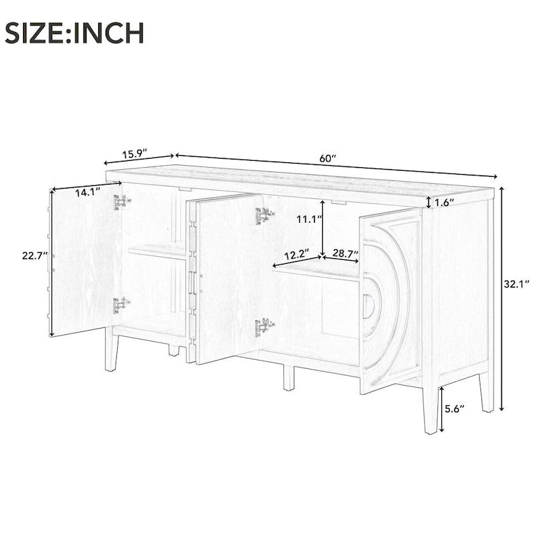 4-Door Retro Storage Sideboard Buffet Cabinet with Circular Groove Doors