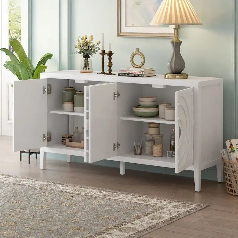 4-Door Retro Storage Sideboard Buffet Cabinet with Circular Groove Doors