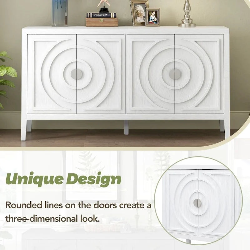 4-Door Retro Storage Sideboard Buffet Cabinet with Circular Groove Doors