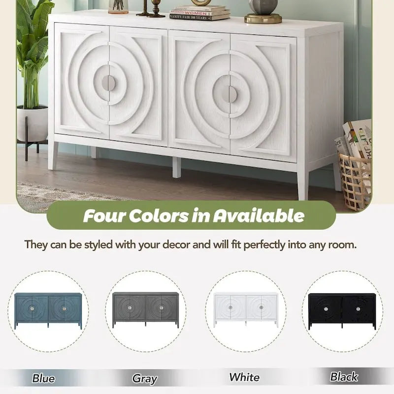 4-Door Retro Storage Sideboard Buffet Cabinet with Circular Groove Doors