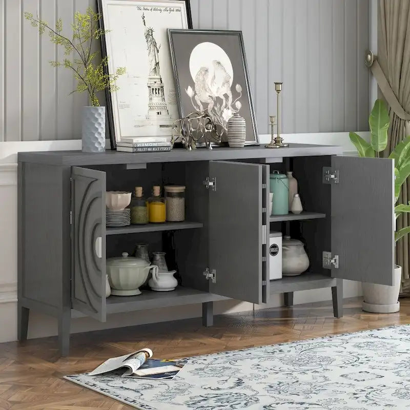 4-Door Retro Storage Sideboard Buffet Cabinet with Circular Groove Doors