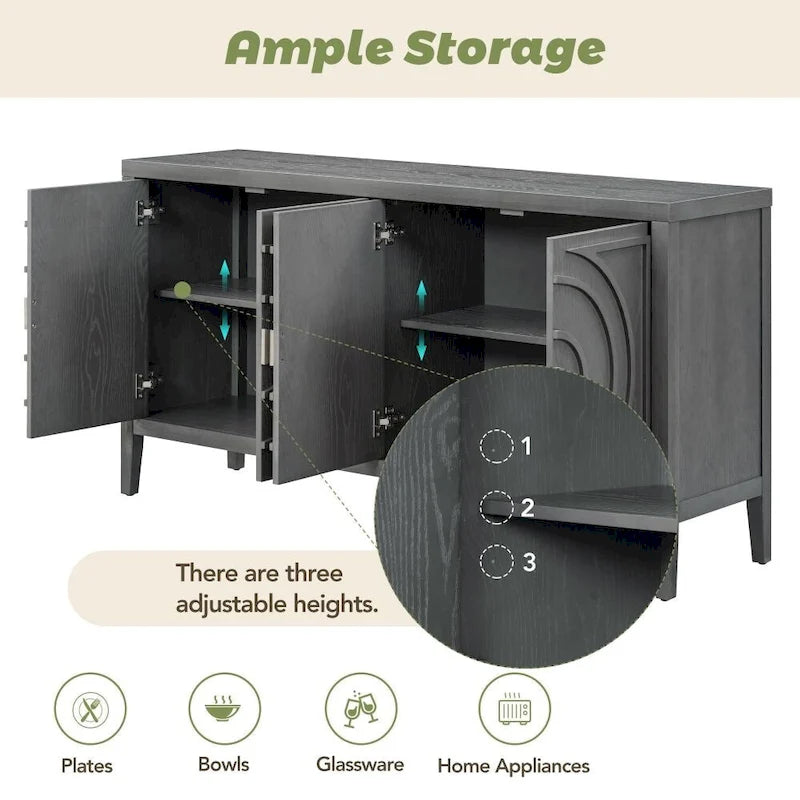 4-Door Retro Storage Sideboard Buffet Cabinet with Circular Groove Doors