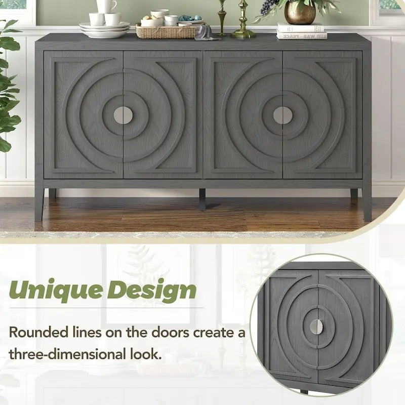 4-Door Retro Storage Sideboard Buffet Cabinet with Circular Groove Doors