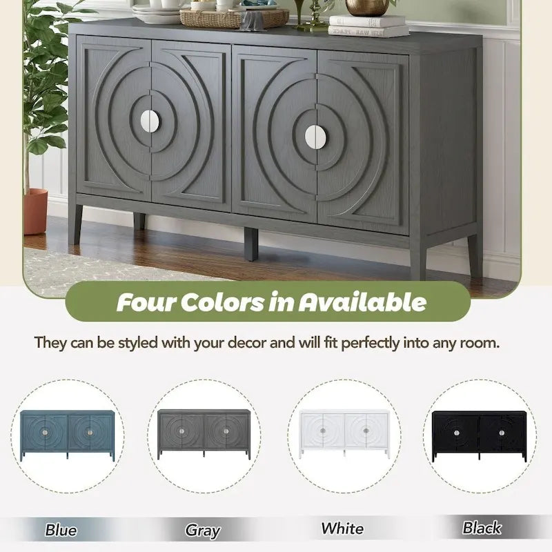 4-Door Retro Storage Sideboard Buffet Cabinet with Circular Groove Doors