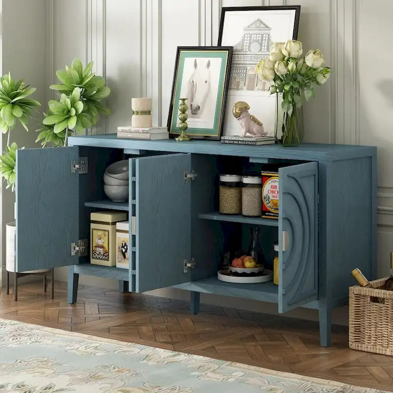 4-Door Retro Storage Sideboard Buffet Cabinet with Circular Groove Doors
