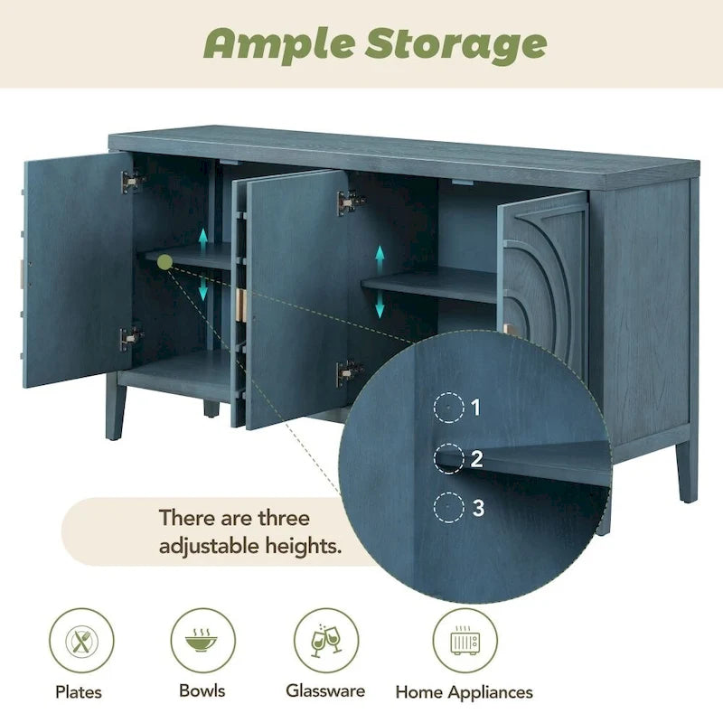 4-Door Retro Storage Sideboard Buffet Cabinet with Circular Groove Doors