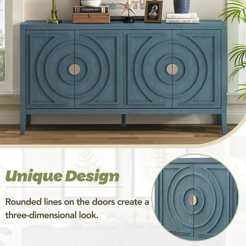 4-Door Retro Storage Sideboard Buffet Cabinet with Circular Groove Doors