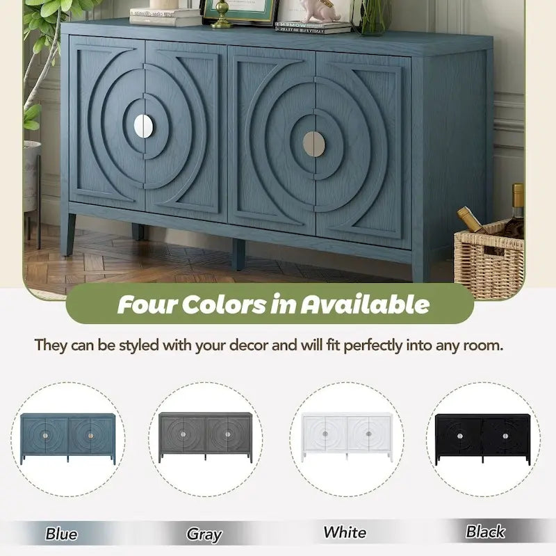 4-Door Retro Storage Sideboard Buffet Cabinet with Circular Groove Doors