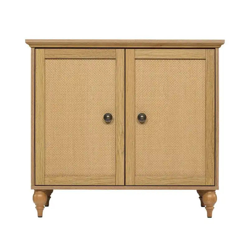 Brown Rattan Door Double Storage Cabinet with Turned Legs MDF Top