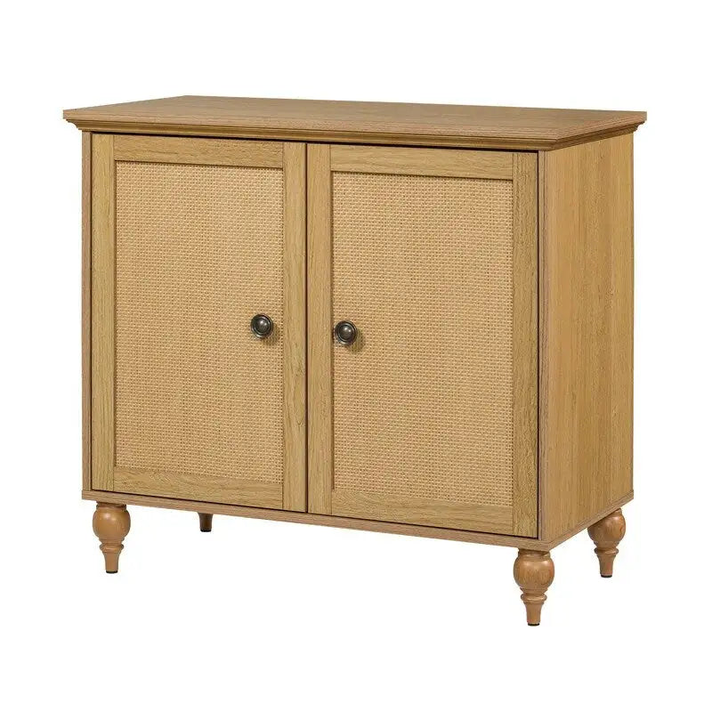Brown Rattan Door Double Storage Cabinet with Turned Legs MDF Top