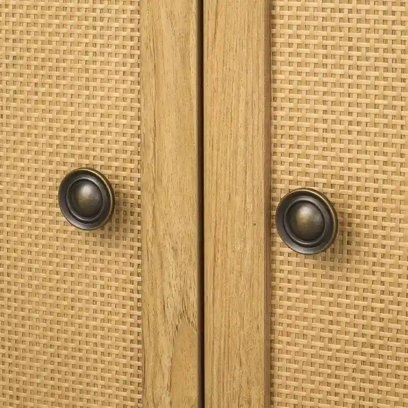 Brown Rattan Door Double Storage Cabinet with Turned Legs MDF Top