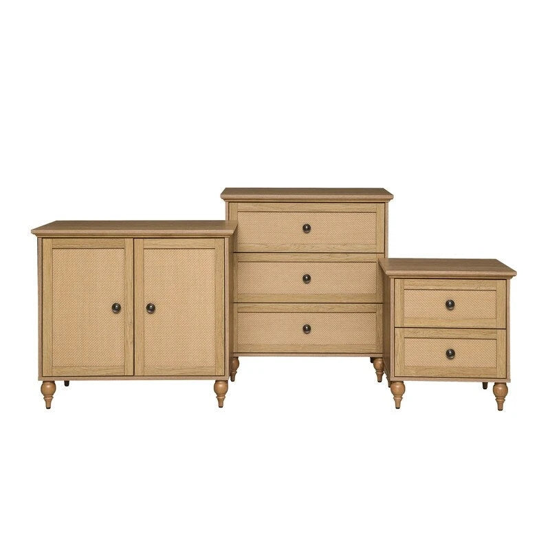 Brown Rattan Door Double Storage Cabinet with Turned Legs MDF Top