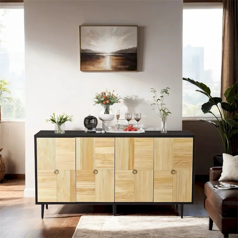 Vintage 4-Door Sideboard Cabinet with Carved Wood Veneer Panels and Iron Legs