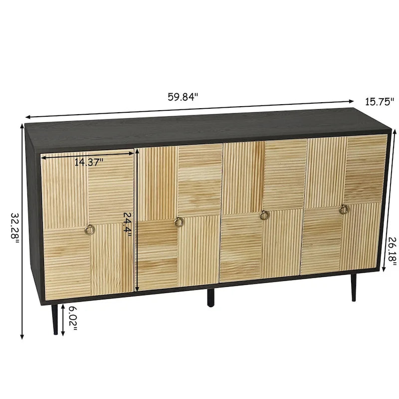 Vintage 4-Door Sideboard Cabinet with Carved Wood Veneer Panels and Iron Legs