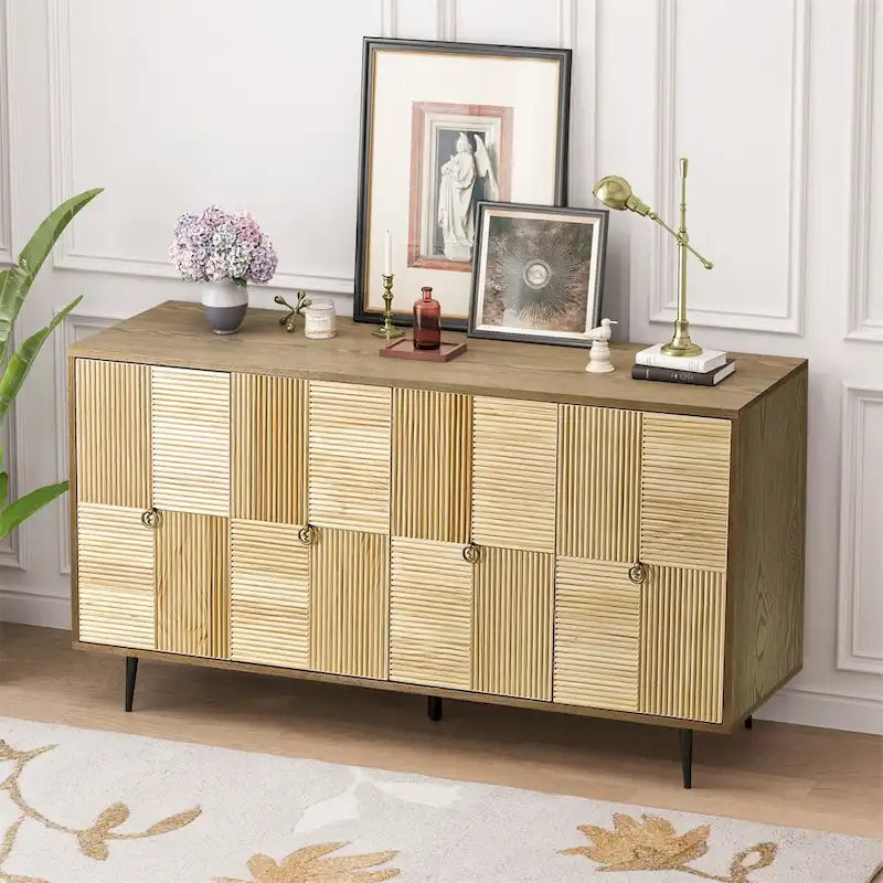 Vintage 4-Door Sideboard Cabinet with Carved Wood Veneer Panels and Iron Legs