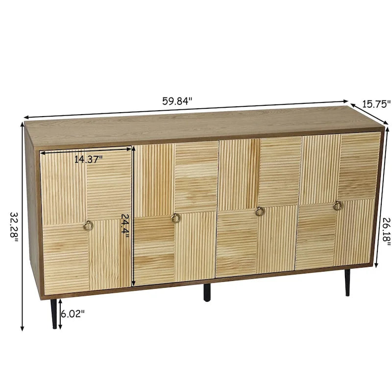 Vintage 4-Door Sideboard Cabinet with Carved Wood Veneer Panels and Iron Legs