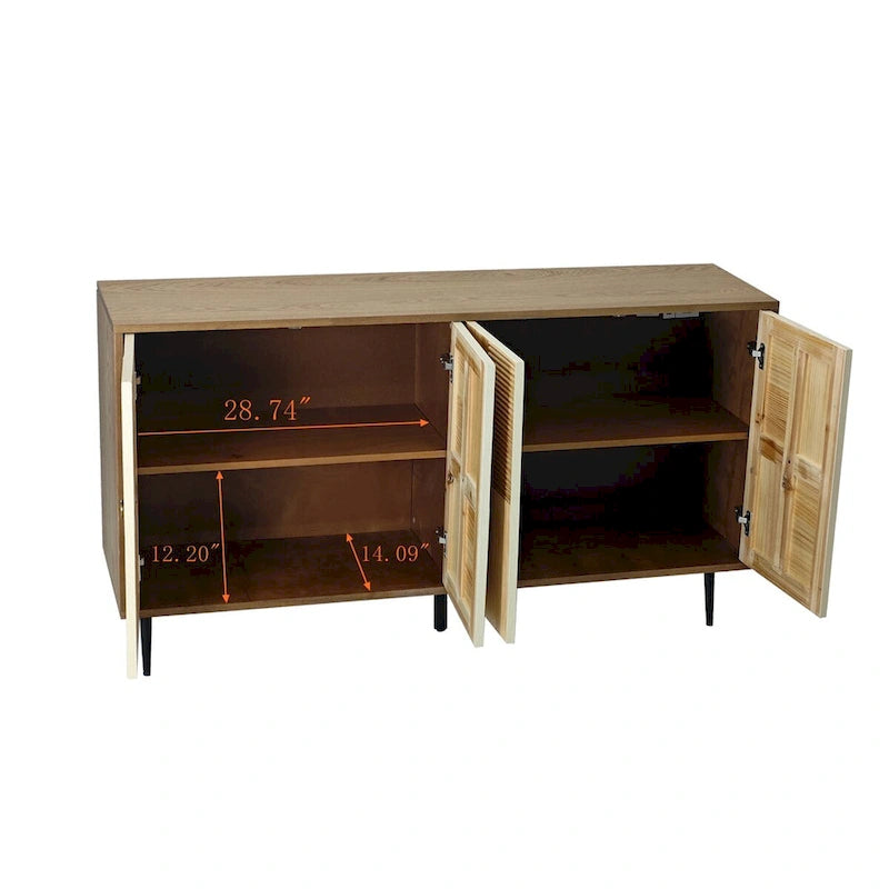 Vintage 4-Door Sideboard Cabinet with Carved Wood Veneer Panels and Iron Legs