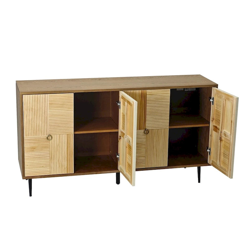 Vintage 4-Door Sideboard Cabinet with Carved Wood Veneer Panels and Iron Legs