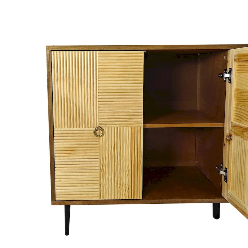 Vintage 4-Door Sideboard Cabinet with Carved Wood Veneer Panels and Iron Legs