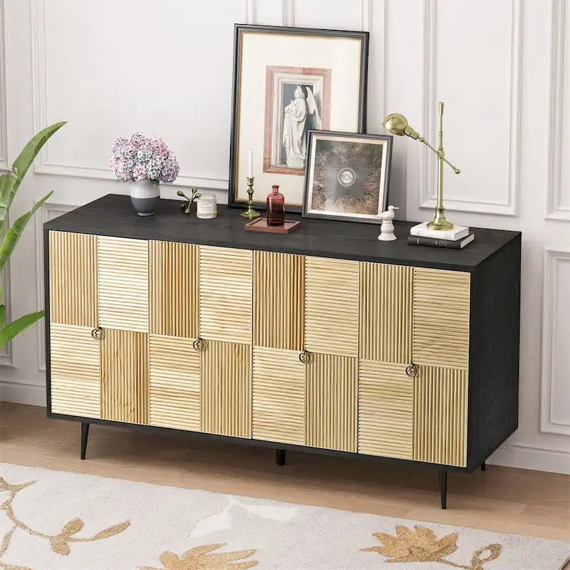 Vintage 4-Door Sideboard Cabinet with Carved Wood Veneer Panels and Iron Legs