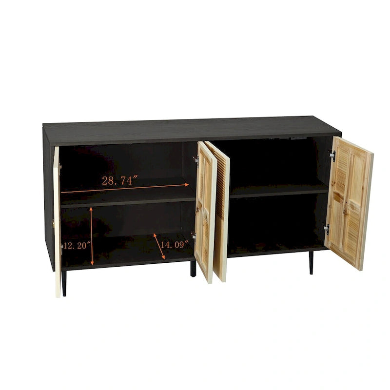 Vintage 4-Door Sideboard Cabinet with Carved Wood Veneer Panels and Iron Legs