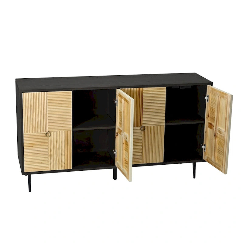 Vintage 4-Door Sideboard Cabinet with Carved Wood Veneer Panels and Iron Legs