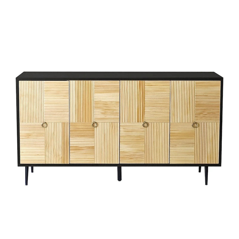 Vintage 4-Door Sideboard Cabinet with Carved Wood Veneer Panels and Iron Legs