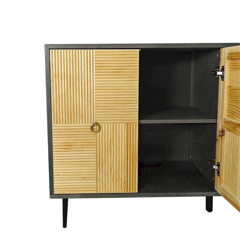 Vintage 4-Door Sideboard Cabinet with Carved Wood Veneer Panels and Iron Legs