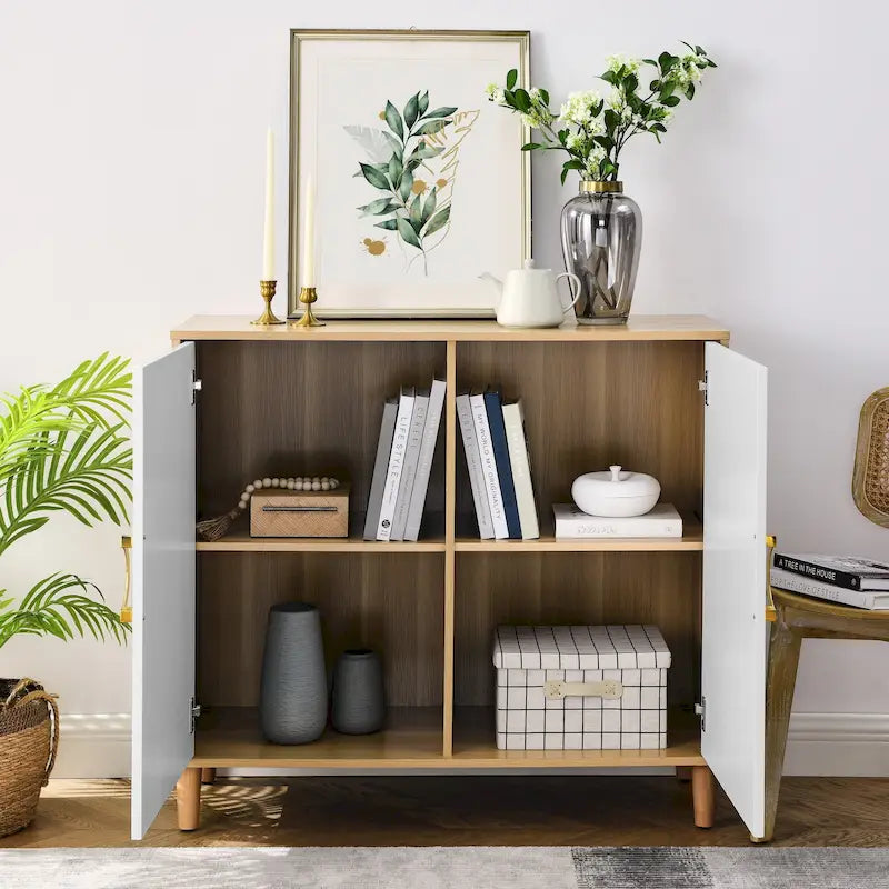 White Brown Two-Door Storage Sideboard Cabinet with Adjustable Shelves