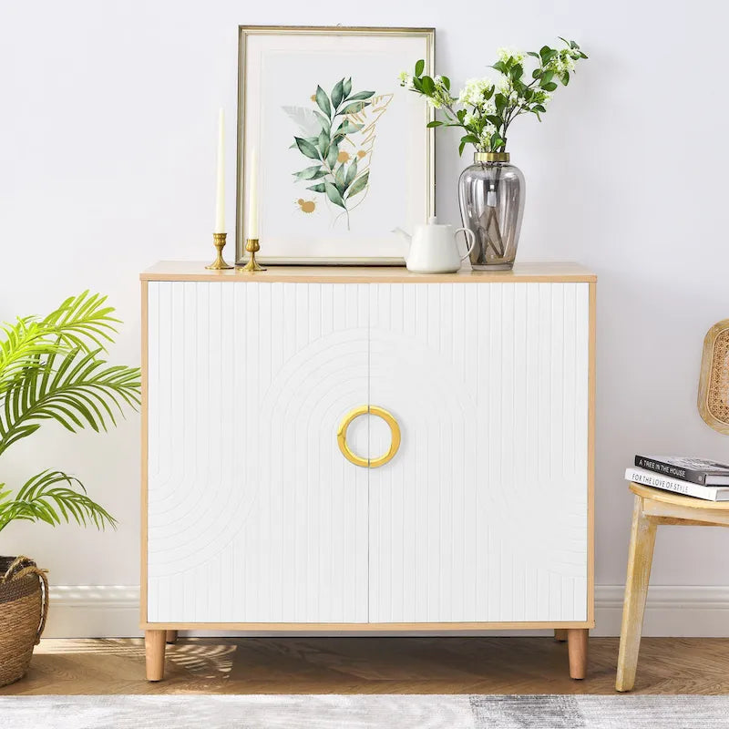 White Brown Two-Door Storage Sideboard Cabinet with Adjustable Shelves
