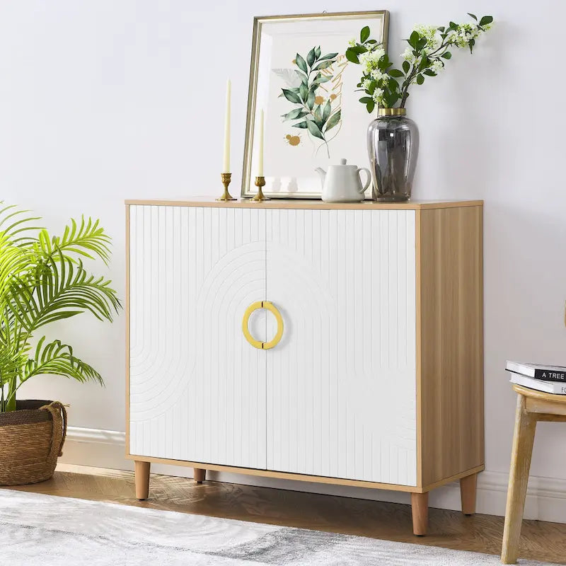 White Brown Two-Door Storage Sideboard Cabinet with Adjustable Shelves