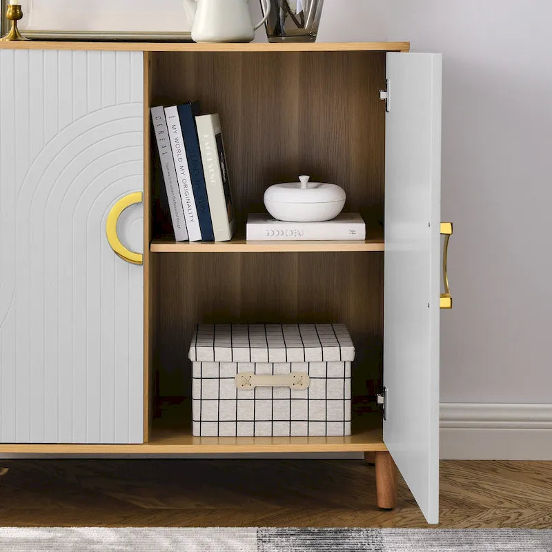 White Brown Two-Door Storage Sideboard Cabinet with Adjustable Shelves