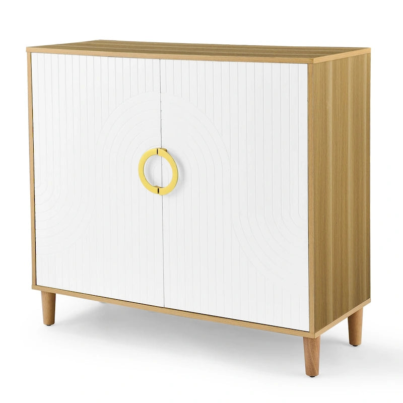 White Brown Two-Door Storage Sideboard Cabinet with Adjustable Shelves