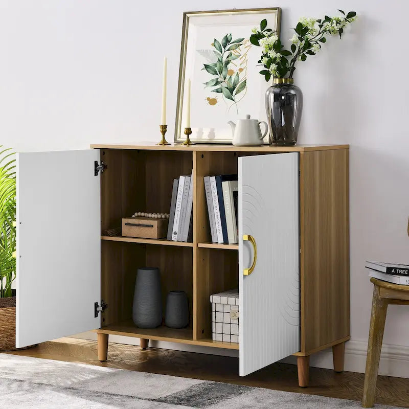 White Brown Two-Door Storage Sideboard Cabinet with Adjustable Shelves