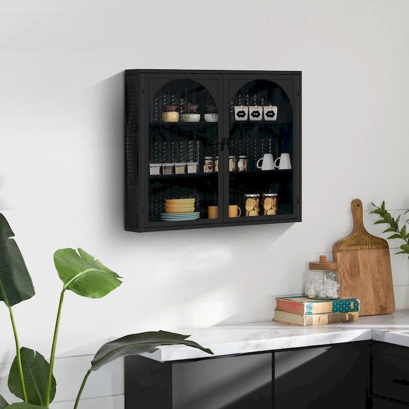 Modern Arched Double Door Wall Cabinet with Glass Panels Black