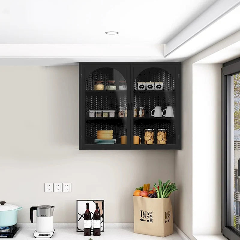 Modern Arched Double Door Wall Cabinet with Glass Panels Black