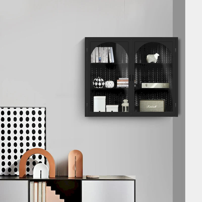 Modern Arched Double Door Wall Cabinet with Glass Panels Black