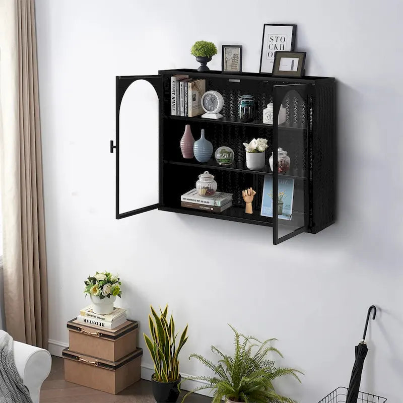 Modern Arched Double Door Wall Cabinet with Glass Panels Black