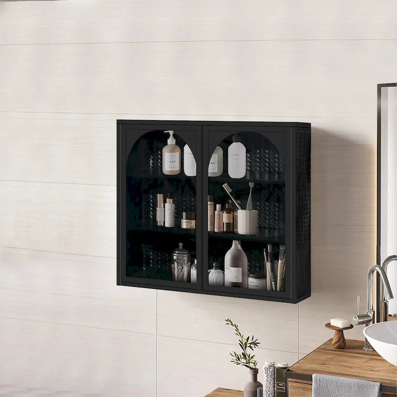 Modern Arched Double Door Wall Cabinet with Glass Panels Black