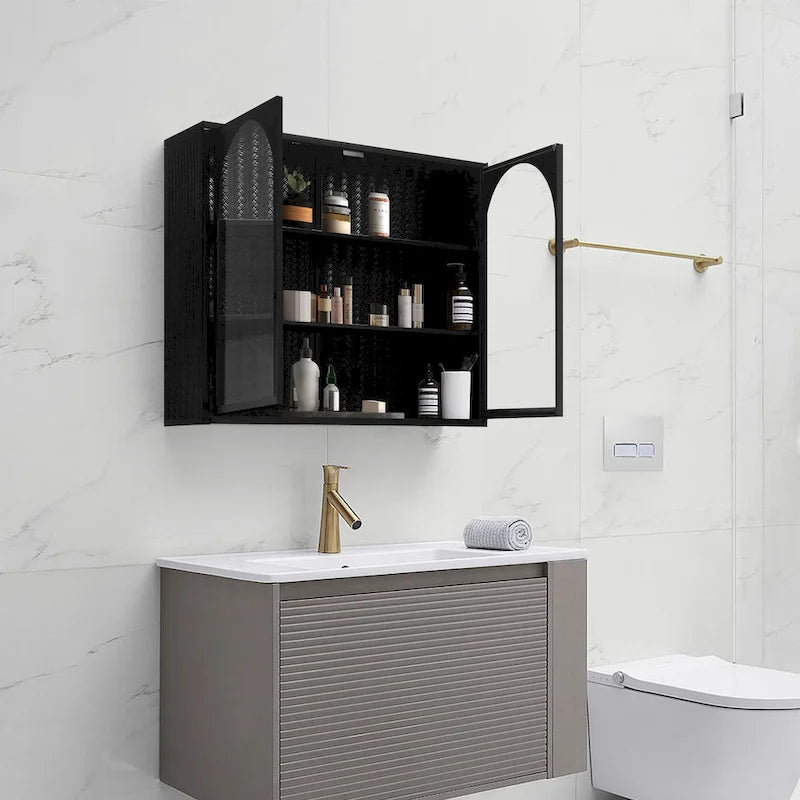 Modern Arched Double Door Wall Cabinet with Glass Panels Black