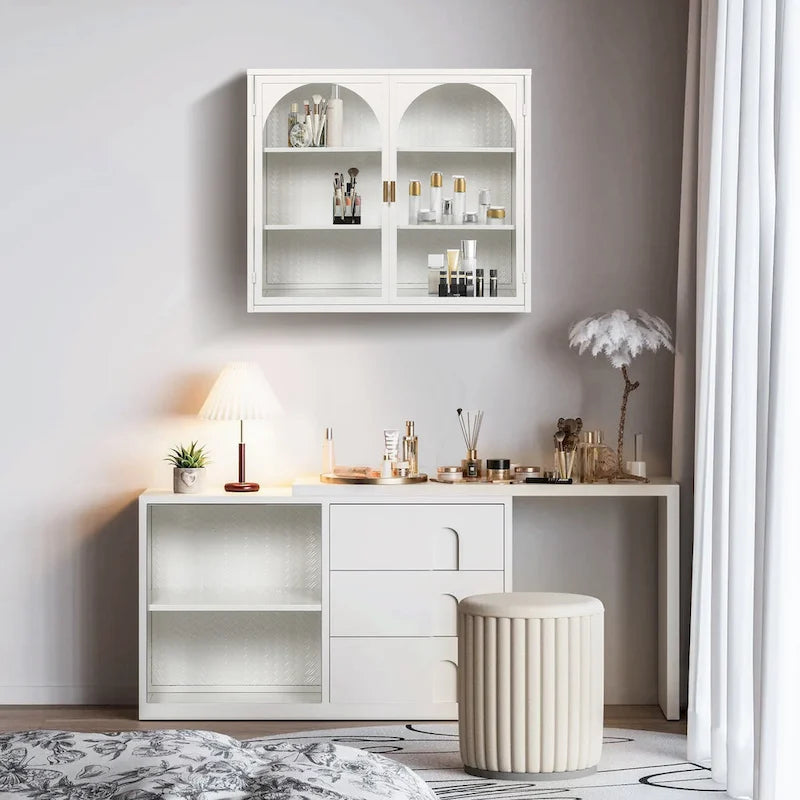 Modern Arched Double Door Wall Cabinet with Glass Panels Black
