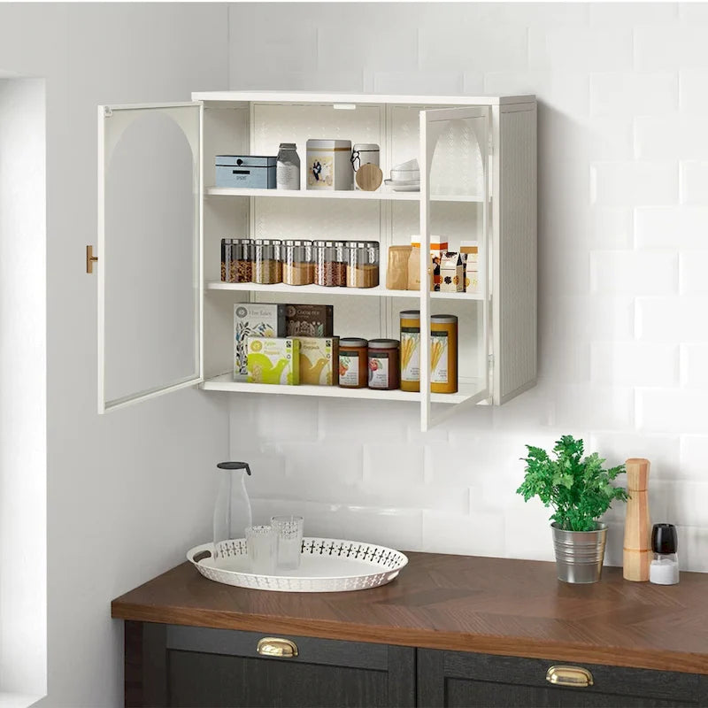 Modern Arched Double Door Wall Cabinet with Glass Panels Black