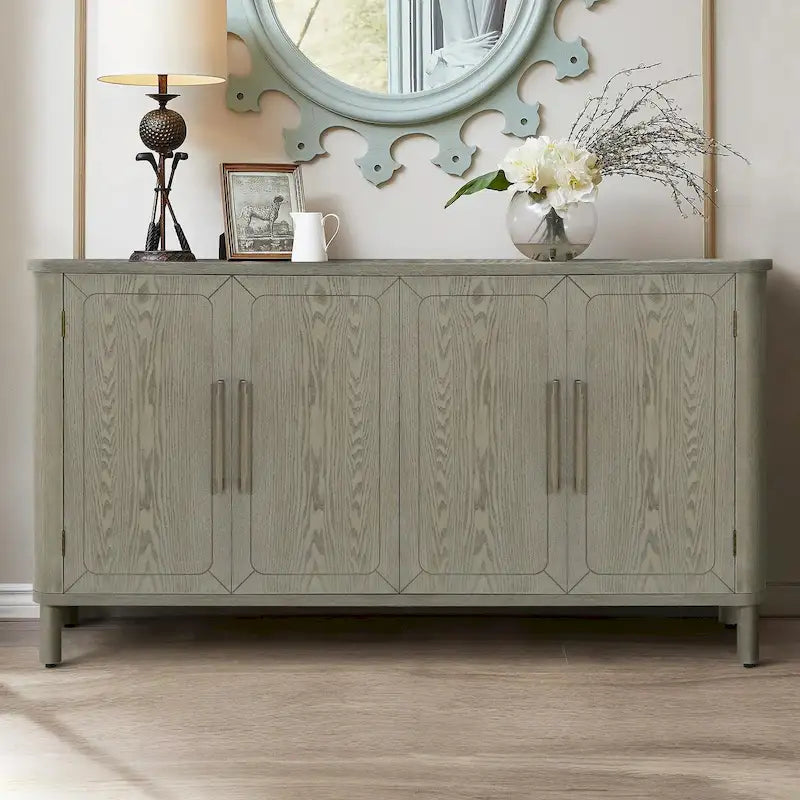 Four-Door Antique Gray Wood Grain Sideboard Storage Cabinet